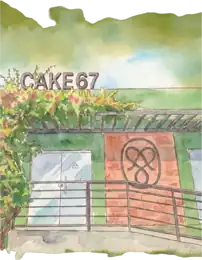 Aquarela da fachada da Cake 67 com o monograma na parede de tijolos